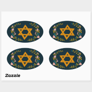 Davidster Handgetekende Bloemrijke Joodse Maatwerk Ovale Sticker