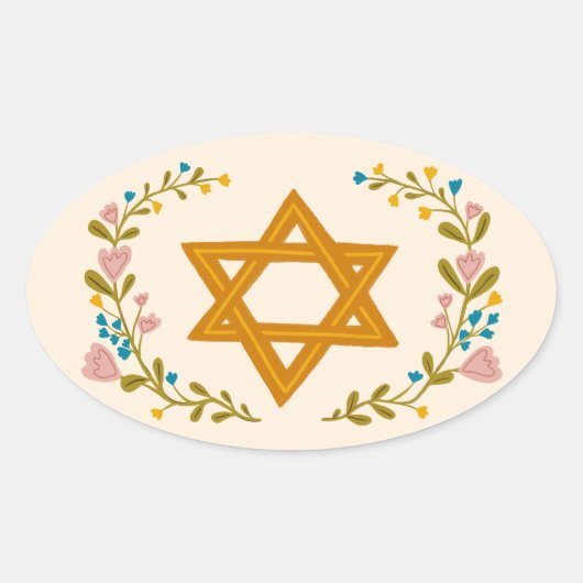 Davidster Handgetekende Joodse Bloemstukken Ovale Sticker (Voorkant)