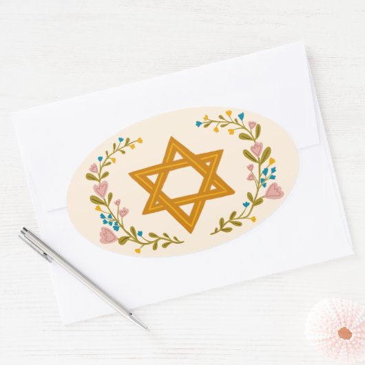 Davidster Handgetekende Joodse Bloemstukken Ovale Sticker (Envelop)