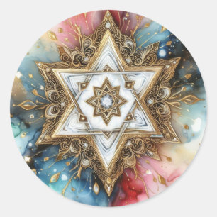 Davidster Marmer Wit Goud Abstract Paars Ronde Sticker