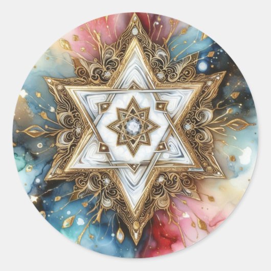 Davidster Marmer Wit Goud Abstract Paars  Ronde Sticker (Voorkant)