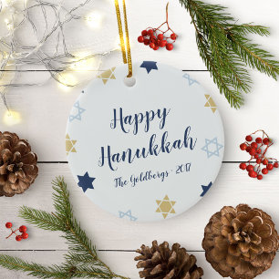 Davidster   Schattige Hanukkah Blauw en Goud Keramisch Ornament