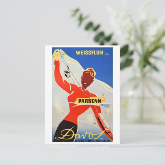 Davos Parsenn, Girl Shows Cable Carand Ski Lift Briefkaart (Staand voorkant)