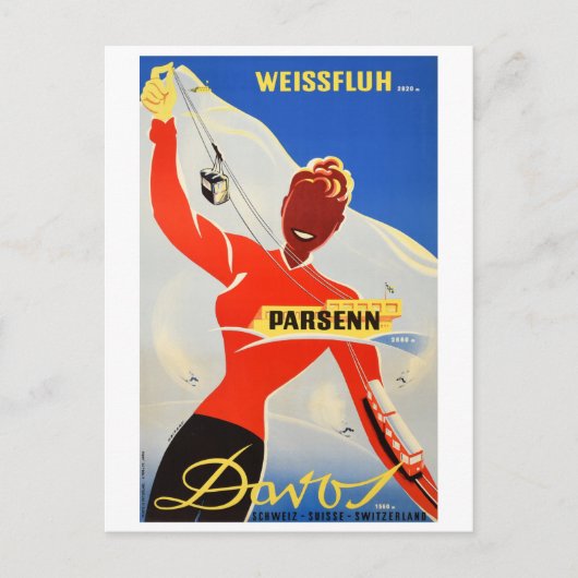 Davos Parsenn, Girl Shows Cable Carand Ski Lift Briefkaart (Voorkant)