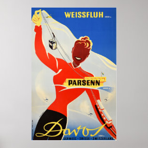 Davos Parsenn, Girl Shows Cable Carand Ski Lift Poster