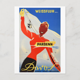 Davos Parsenn, meisje toont kabelbaan en skilift Briefkaart