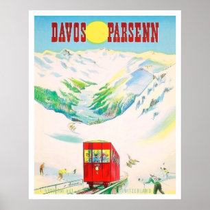 Davos Parsenn spoorlijn, rode trein, vintage reis Poster