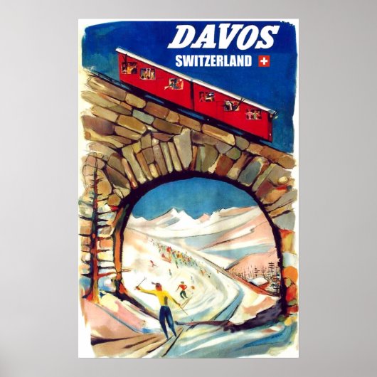Davos, rode kabelauto op de brug, Zwitserland Poster (Voorkant)