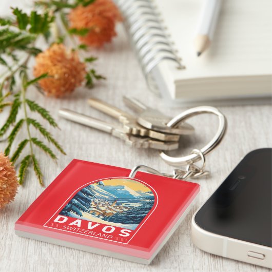 Davos Zwitserland Travel Art Embleem Sleutelhanger (Voorkant Rechts)