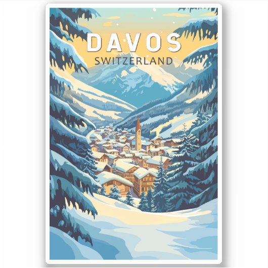 Davos Zwitserland Travel Art Vintage Sticker (Voorkant)