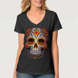 Day Of Dead Sugar Skull Floral Skeleton Head Bone  T-shirt