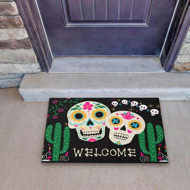 Day of the Dead Art Sugar Skulls Welkom Deurmat (Small doormat with sugar skulls and cactus from my Dia de los Muertos collection)