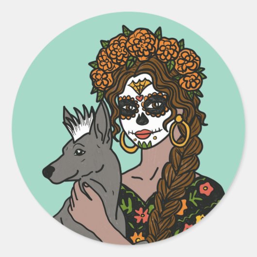 Day of the Dead Marigold and Xolo Dog Ronde Sticker (Voorkant)