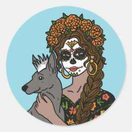Day of the Dead Marigold and Xolo Dog Ronde Sticker