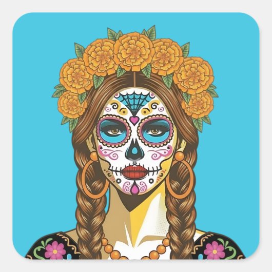 Day of the Dead Marigold Catrina Vierkante Sticker (Voorkant)