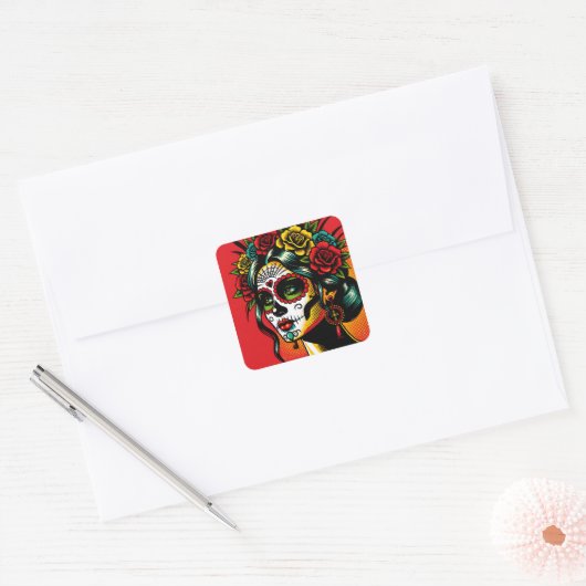 Day of the dead Mexican Catrina Roses Vierkante Sticker (Envelop)
