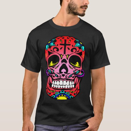 Day Of The Dead Red Face Cross Sugar Skull Hallowe T-shirt (Voorkant)