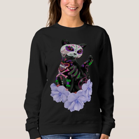 Day Of The Dead Sugar Skull Cat Purple Flowers Trui (Voorkant)