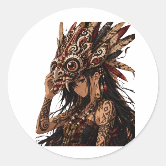 DAYAK HUDOQ MASK VROUW STAMKUNST STICKER (Voorkant)