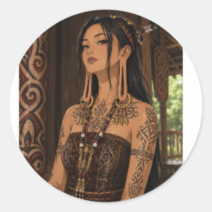 DAYAK VROUW MET LANGE OORSIERADEN STAMMENS TATTOEË RONDE STICKER