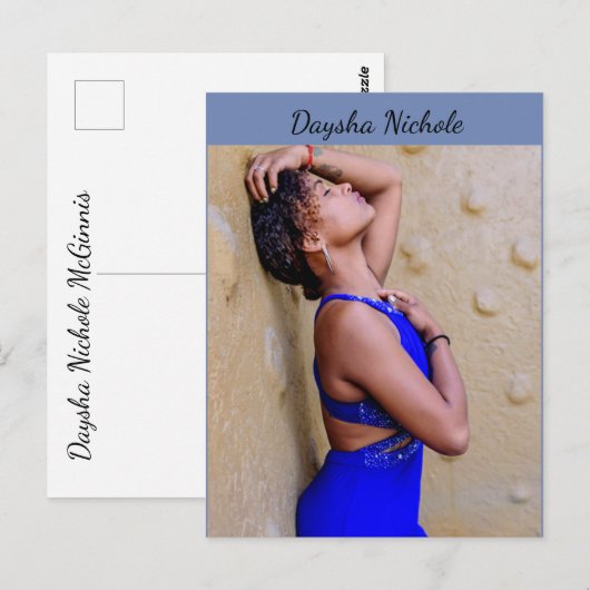 Daysha Nichole, in blauwe jurk, briefkaart (Voorkant / Achterkant)