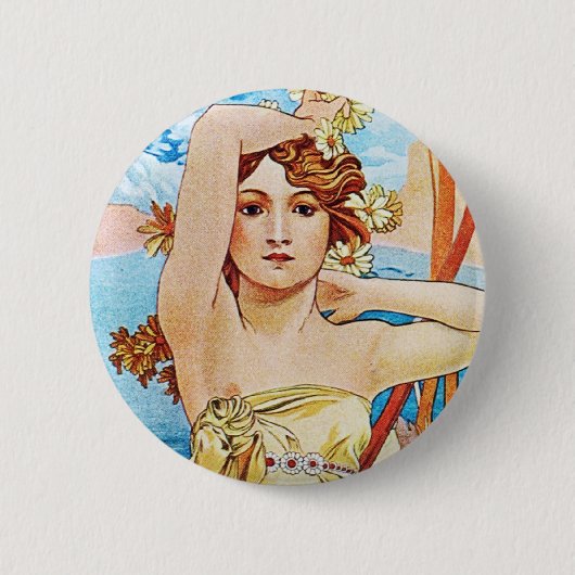 Daytime, Alphonse Mucha Ronde Button 5,7 Cm (Voorkant)