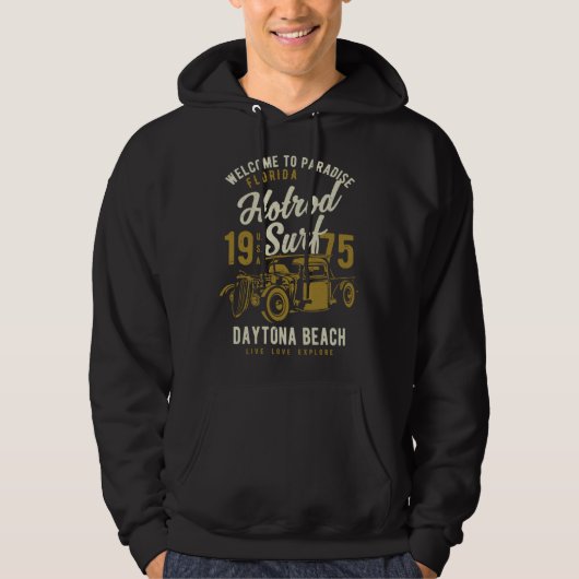 Daytona Beach Florida Retro Hotrod Surf Distressed Hoodie (Voorkant)