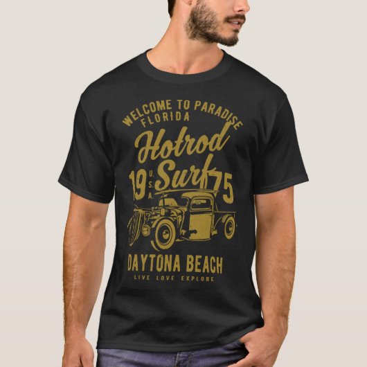 Daytona Beach Florida Retro Hotrod Surf Distressed T-shirt (Voorkant)