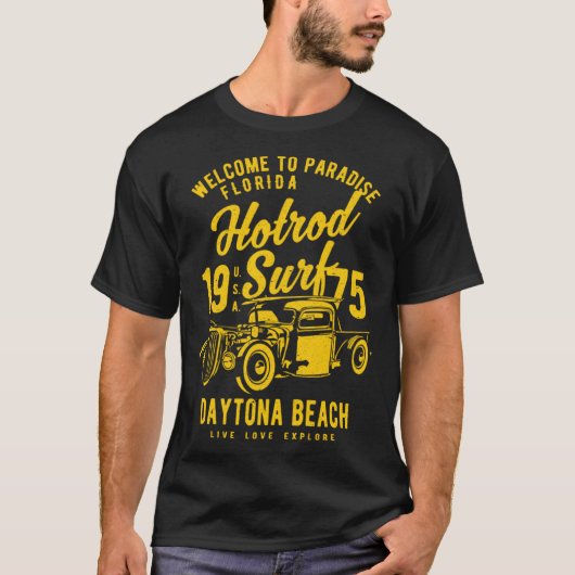 Daytona Beach Florida Retro Hotrod Surf Distressed T-shirt (Voorkant)