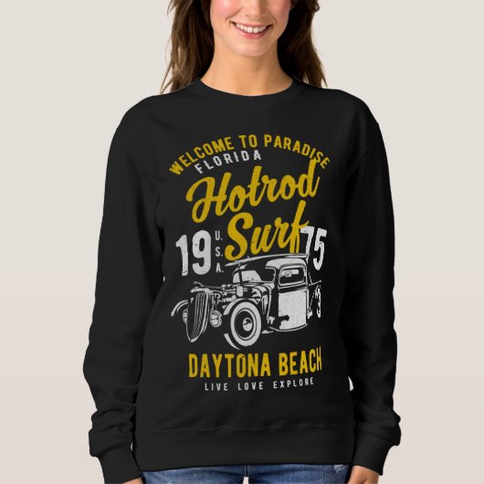 Daytona Beach Florida Retro Hotrod Surf Distressed Trui (Voorkant)