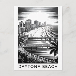 Daytona Beach Florida Zwart Wit Houtsnede Silhouet Feestdagenkaart