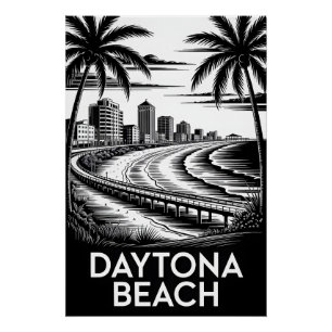 Daytona Beach Florida Zwart Wit Houtsnede Silhouet Perfect Poster