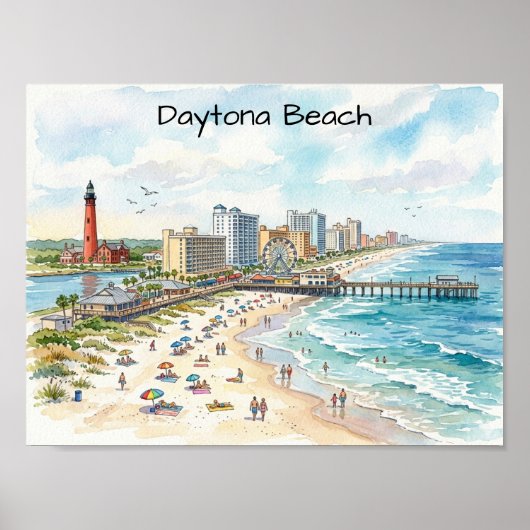 Daytona Beach Kustcharme Watercolor Kunst Poster (Voorkant)