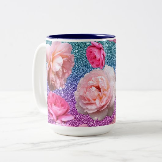 Dazzling Aqua Pink Glitter Floral Two Tone Mok (Voorkant links)