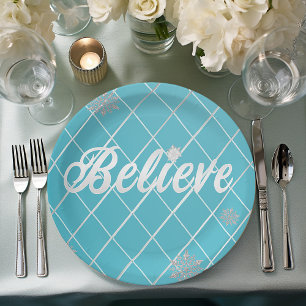Dazzling Believe Licht Blauw en Zilver Geruit Papieren Bordje