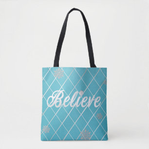 Dazzling Believe Licht Blauw en Zilver Geruit Tote Bag