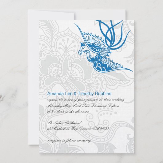 Dazzling Blue Bird & Floral Wedding Invitation Kaart (Voorkant)