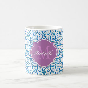 Dazzling Blue Damask Monogram Mok