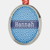 Dazzling Blue White Greek Key Pattern Blue Name Metalen Ornament (Links)