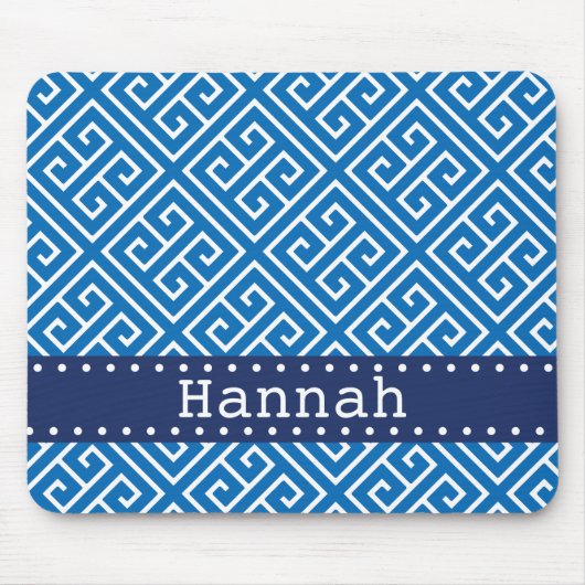 Dazzling Blue White Greek Key Pattern Blue Name Muismat (Voorkant)
