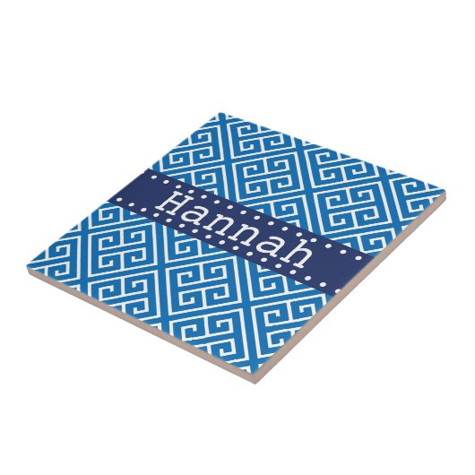 Dazzling Blue White Greek Key Pattern Blue Name Tegeltje (Zijkant)