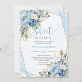 Dazzling Dusty Blue White Floral Sweet 16 Invites Kaart (Voorkant)