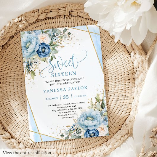 Dazzling Dusty Blue White Floral Sweet 16 Invites Kaart