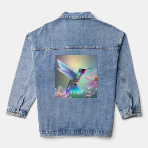 Dazzling Fusion: Rainbow Glass Hummingbird, Denim Jacket