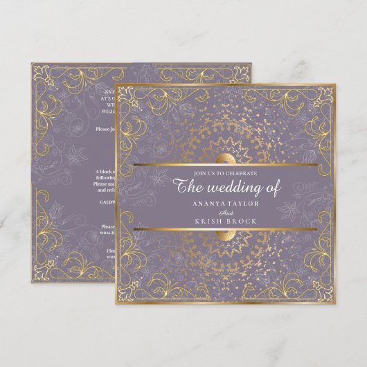 Dazzling Paars en Gold Wedding Kaart (Voorkant / Achterkant)