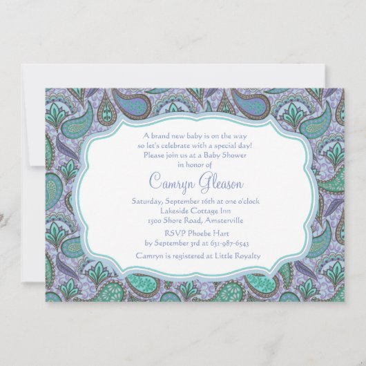 Dazzling Paisley Blue Baby shower Invitation Kaart (Voorkant)