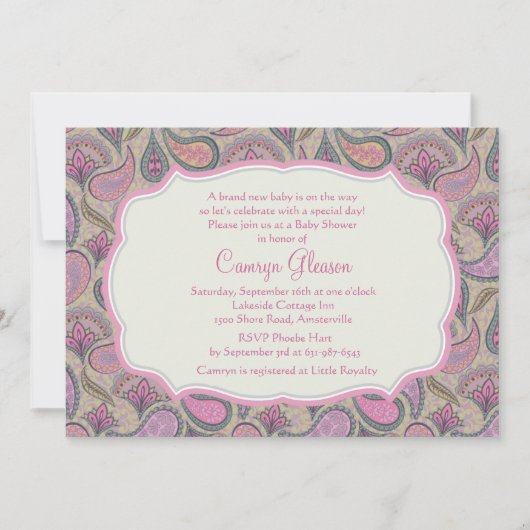 Dazzling Paisley Pink Baby shower Invitation Kaart (Voorkant)