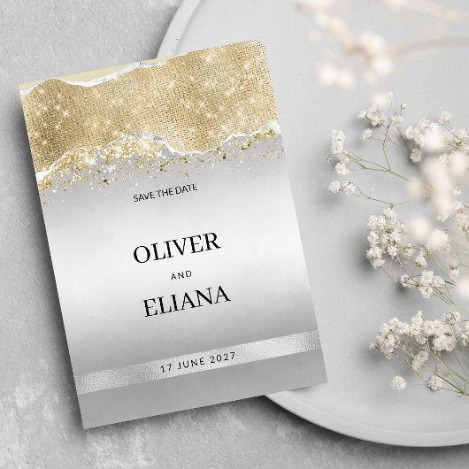 Dazzling silver gold sparkle glitter Save the Date Kaart