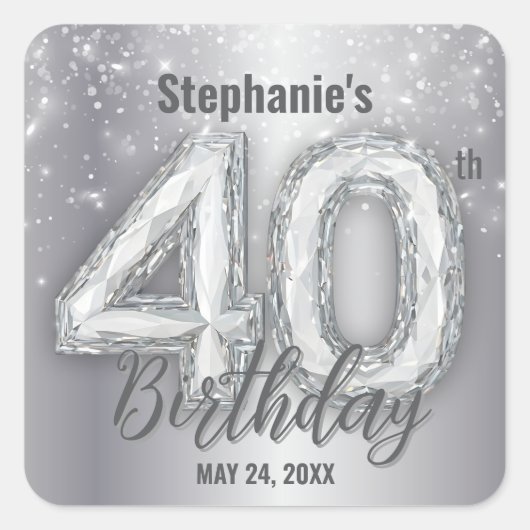 Dazzling Silver Sparkling Diamond 40th Birthday Vierkante Sticker (Voorkant)