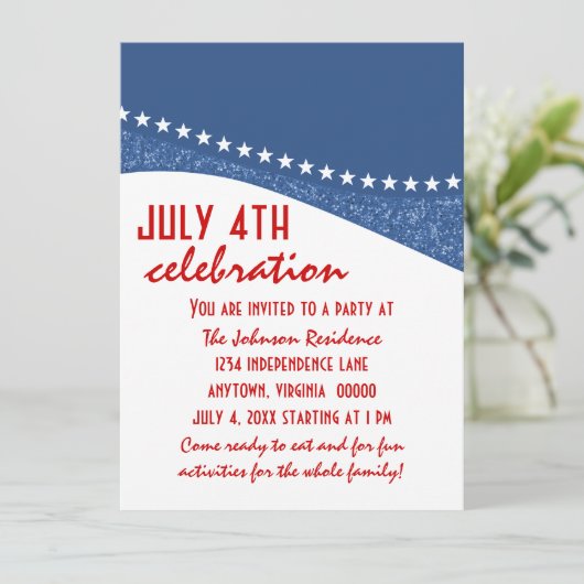 Dazzling Star Curves nodigt 4e juli uit, blauw Kaart (Staand voorkant)